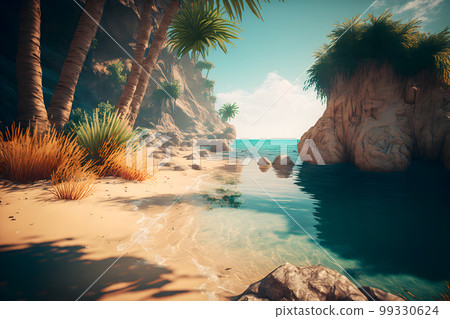 Magnificent Seychelles or Maldives mood. Luxury getaway place with palm trees and sea water. Neural network AI generated art 99330624