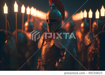 A Roman legion was a large military unit of the Roman army preparing for battle at night. Neural network AI generated art 99330625
