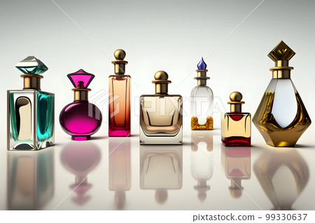 Different luxury perfume bottles on white background. Neural network AI generated art Different luxury perfume bottles on white background. Neural network AI generated art 99330637