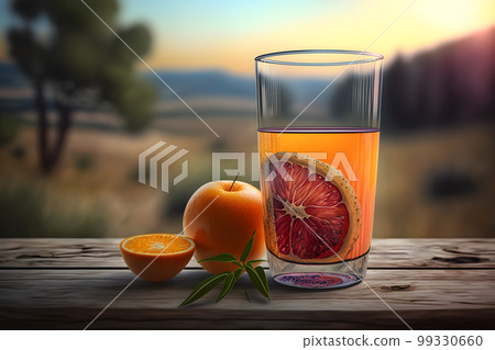 Glass of abstract fruit juice with fresh fruits on wooden table with summer field background. Neural network AI generated art Glass of abstract fruit juice with fresh fruits on wooden table with summer field background. Neural network AI generated art 99330660
