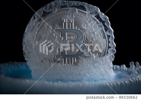 Bitcoin frozen inside ice cube, Bitcoin price crisis concept. Neural network AI generated art Bitcoin frozen inside ice cube, Bitcoin price crisis concept. Neural network AI generated art 99330662