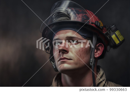 Portrait of firefighter dirty face in special helmet and firefighters uniform. Neural network AI generated art Portrait of firefighter dirty face in special helmet and firefighters uniform. Neural network AI generated art 99330663