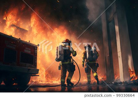 Firefighters crew fighting fire accident at nighttime. Neural network AI generated art 99330664