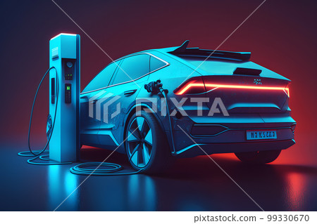 Electric car at charging station with blue and red glowing on dark background. Neural network AI generated art 99330670