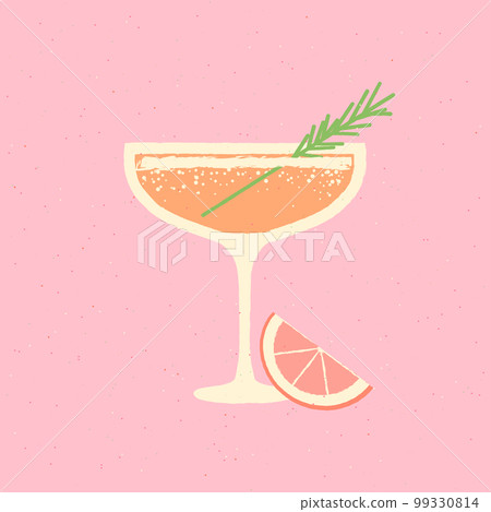 Margarita dessert glass with rosemary and grapefruit. Flat vector illustration with texture 99330814