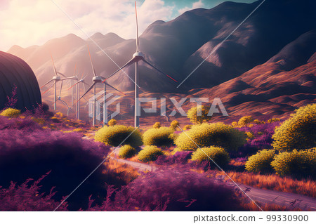 Aerial view of Lavender field with blooming purple bushes grown for cosmetic purposes. Wind turbines in the background. Neural network AI generated art 99330900