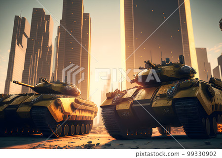 Modern futuristic battle tank with turret and cannon in city center. Neural network AI generated art Modern futuristic battle tank with turret and cannon in city center. Neural network AI generated art 99330902