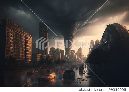 Tornado storm in city center with dark sky and bad weather. Neural network AI generated art 99330906