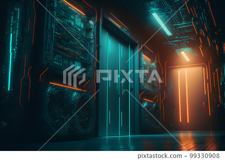 Server racks in computer network security server room data center. Neural network AI generated art Server racks in computer network security server room data center. Neural network AI generated art 99330908