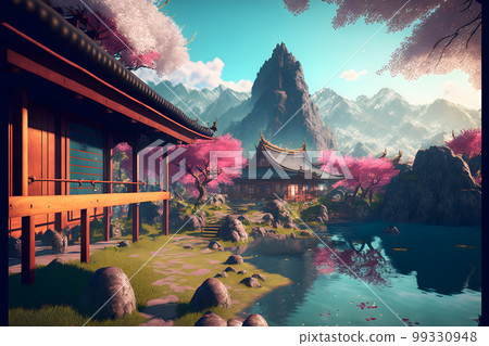 Oriental landscape with japanese traditional building close to river and cloudy mountains in time of sakura blossom. Neural network AI generated art Oriental landscape with japanese traditional building close to river and cloudy mountains in time of sakura blossom. Neural network AI generated art 99330948
