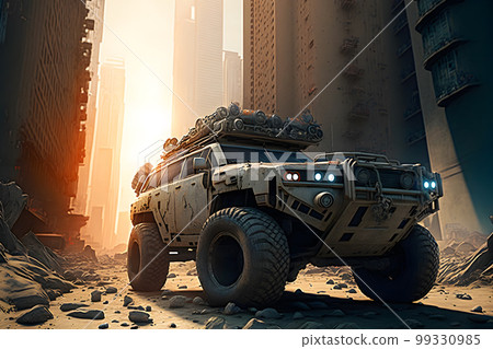 Modern futuristic off-road SUV car with turret in city center. Neural network AI generated art 99330985