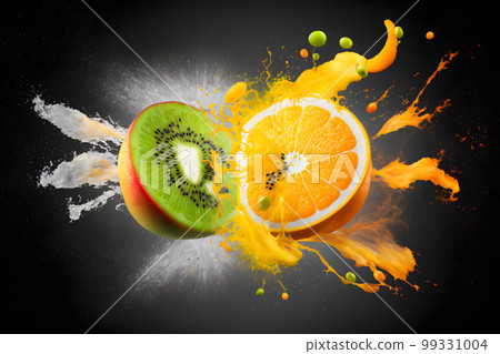 Qiwi and orange explosion splash moment on black background. Neural network AI generated art 99331004