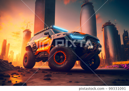 Modern futuristic off-road SUV car in city center. Neural network AI generated art 99331091