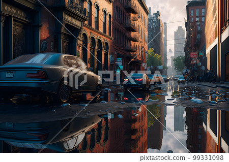 Flood in city center with light sky after heavy rain. Neural network AI generated art 99331098