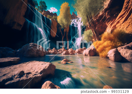Beautiful landscape with big waterfall in sunny summertime. Neural network AI generated art Beautiful landscape with big waterfall in sunny summertime. Neural network AI generated art 99331129