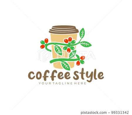 Coffee, paper coffee cup, coffee branch with beans and leaves, logo design. Coffee house, cafe, plant, fruit, food, drink and drinking, vector design and illustration 99331342