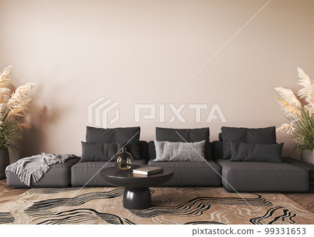 Nature interior design with black sofa, table and dry grass in modern luxury living room. Beige wall mock up. 3d render. High quality 3d illustration 99331653