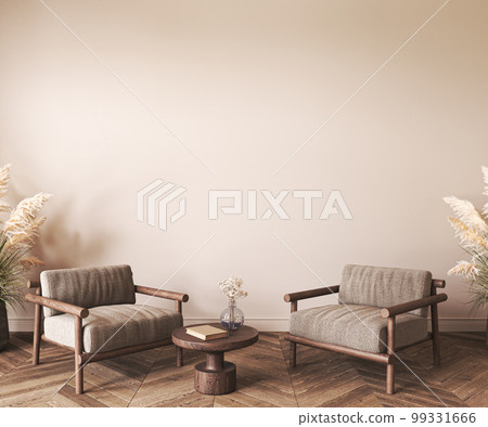 Wooden nature interior design living room. Beige wall mockup in light minimal design room with farmhouse furniture and dry grass. 3d rendering. High quality 3d illustration Wooden nature interior design living room. Beige wall mockup in light minimal design room with farmhouse furniture and dry grass. 3d rendering. High quality 3d illustration 99331666