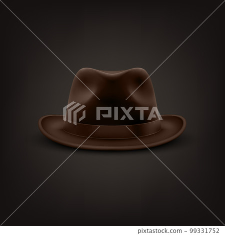 Vector 3d Realistic Brown Vintage Classic Gentleman Black Hat, Cap Icon Closeup Isolated on Black Background. Front View. Mens Unisex Hat Design Template. Vector Illustration 99331752