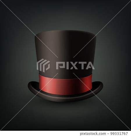 Vector 3d Realistic Black Top Hat with Red Ribbon Closeup Isolated on Black Background. Classic Retro Vintage Top Hat, Vintage Gentlemans Mens Hat, Front View Vector 3d Realistic Black Top Hat with Red Ribbon Closeup Isolated on Black Background. Classic Retro Vintage Top Hat, Vintage Gentlemans Mens Hat, Front View 99331767