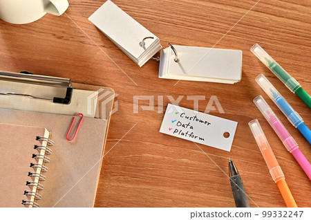 A desk with a vocabulary book labeled Customer Data Platform A desk with a vocabulary book labeled Customer Data Platform 99332247