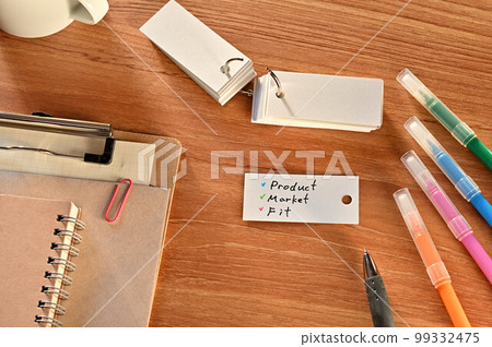 A desk with a word book that says Product Market Fit 99332475
