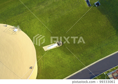 Aerial view of modern water cleaning facility at urban wastewater treatment plant. Purification process of removing undesirable chemicals, suspended solids and gases from contaminated liquid 99333061