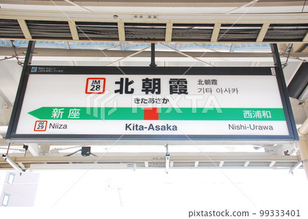 Station name display board at Kita-Asaka Station (JM28) on the Musashino Line (also used as a direct connection to the Keiyo Line) (Asaka City, Saitama Prefecture) Station name display board at Kita-Asaka Station (JM28) on the Musashino Line (also used as a direct connection to the Keiyo Line) (Asaka City, Saitama Prefecture) 99333401