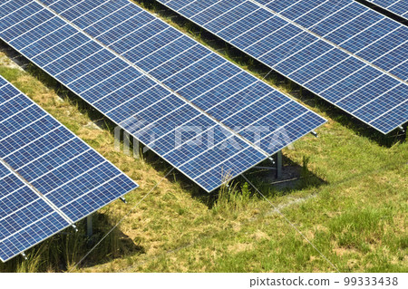 Aerial view of big sustainable electric power plant with many rows of solar photovoltaic panels for producing clean electrical energy. Renewable electricity with zero emission concept 99333438
