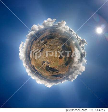 Aerial view from high altitude of little planet with distant city covered with puffy cumulus clouds forming before rainstorm. Airplane point of view of cloudy landscape Aerial view from high altitude of little planet with distant city covered with puffy cumulus clouds forming before rainstorm. Airplane point of view of cloudy landscape 99333747