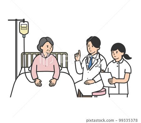 A doctor and a nurse explaining to an elderly woman who is hospitalized 99335378
