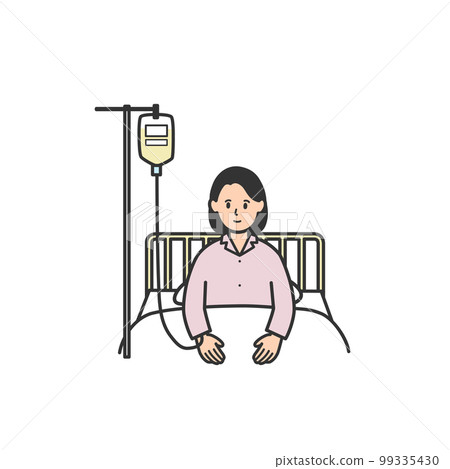 Illustration of a woman receiving an intravenous drip in a hospital bed 99335430