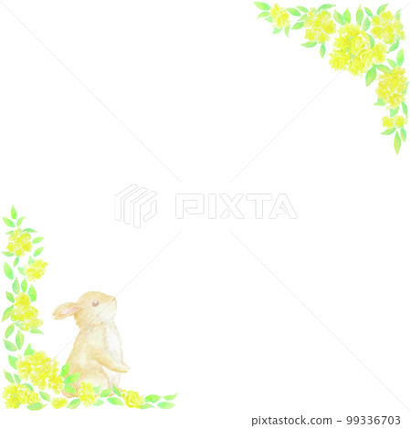 Botanical frame of cute yellow flowers and rabbits. Illustration drawn with watercolors. 99336703