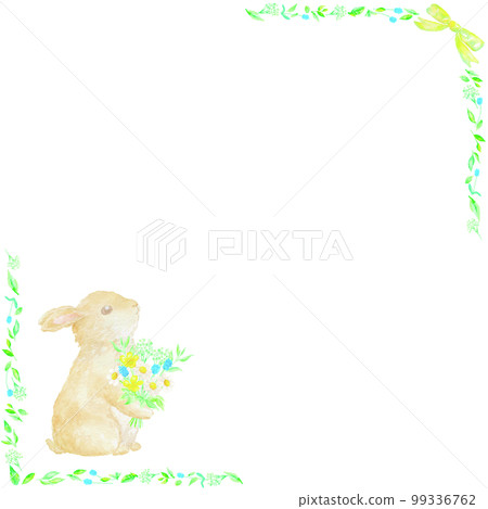 Floral frame of a rabbit holding a bouquet. Illustration drawn with watercolors. 99336762