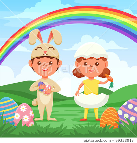 Happy Easter greeting card. Cute kids are wearing Easter costumes. Happy Easter greeting card. Cute kids are wearing Easter costumes. 99338012