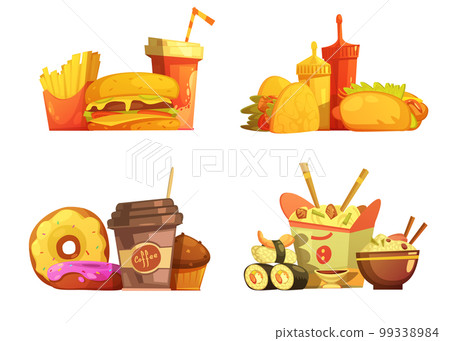 Fast Food Meal Retro Cartoon Set 99338984
