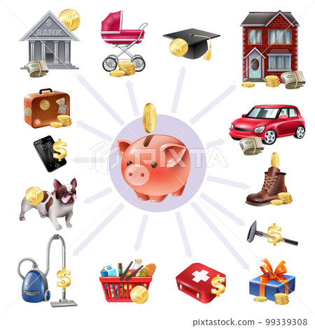 Money Box Saving Flat Icons Composition Money Box Saving Flat Icons Composition 99339308