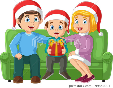 Cartoon family celebrating christmas and sitting on the sofa Cartoon family celebrating christmas and sitting on the sofa 99340004