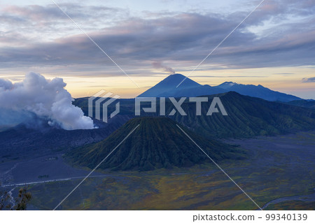 Mount Bromo, Mount Batok, Mount Semeru and plains at dawn (East Java) 99340139