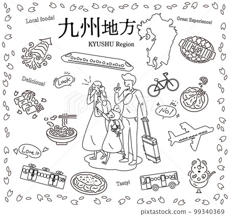 A family of three who enjoys spring gourmet sightseeing in the Kyushu region of Japan, a set of icons (line drawing black and white) 99340369