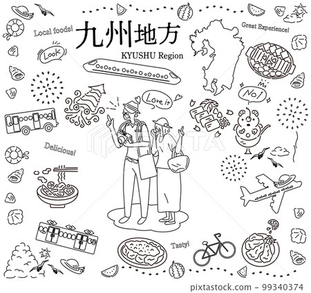 一對老年夫婦在日本九州地區享受夏季美食觀光，一組圖標（黑白線描） 99340374