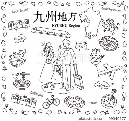 在日本九州地區享受秋季美食觀光的一家三口，一組圖標（黑白線描） 99340377