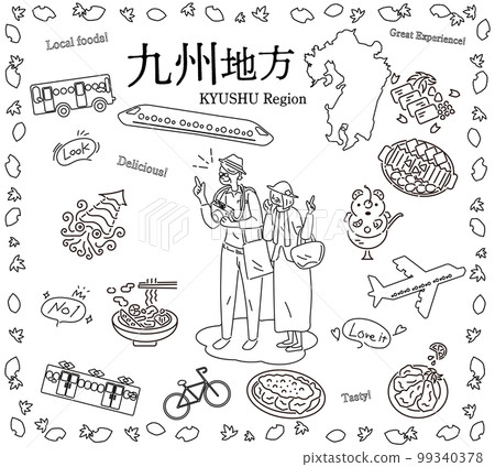 A senior couple enjoying autumn gourmet sightseeing in the Kyushu region of Japan, a set of icons (line drawing black and white) 99340378