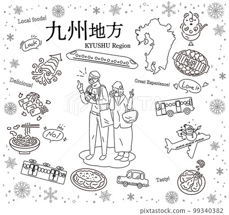 一對老年夫婦在日本九州地區享受冬季美食觀光，一組圖標（黑白線描） 99340382