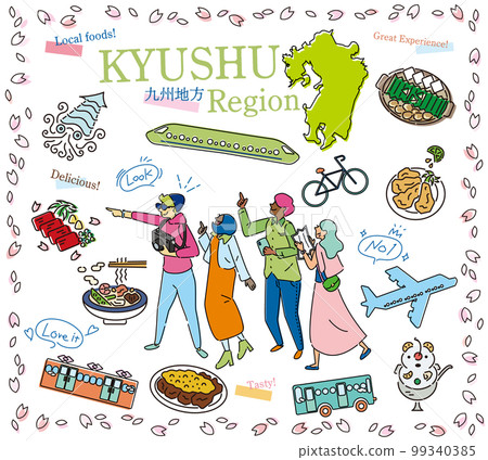 Tourists enjoying spring gourmet sightseeing in the Kyushu region of Japan, set of icons (line drawing) 99340385