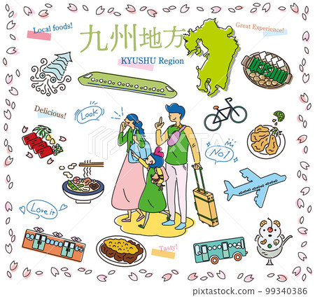 A family of three enjoying spring gourmet sightseeing in the Kyushu region of Japan, a set of icons (line drawing) 99340386