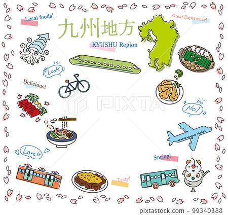 日本九州地區春季美食旅遊的一組圖標（畫線） 99340388