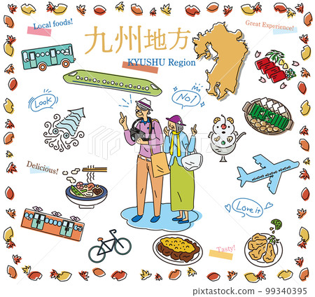 一對老年夫婦在日本九州地區享受秋季美食觀光,一組圖標(畫線) 一對老年夫婦在日本九州地區享受秋季美食觀光,一組圖標(畫線) 99340395