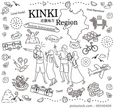Tourists enjoying summer gourmet sightseeing in the Kinki region of Japan, a set of icons (line drawing black and white) Tourists enjoying summer gourmet sightseeing in the Kinki region of Japan, a set of icons (line drawing black and white) 99340409
