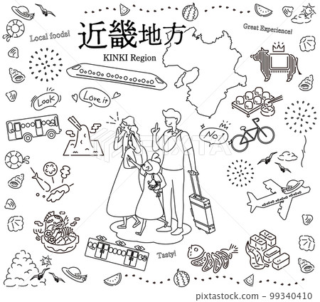 A family of three who enjoys summer gourmet sightseeing in the Kinki region of Japan, a set of icons (line drawing black and white) 99340410